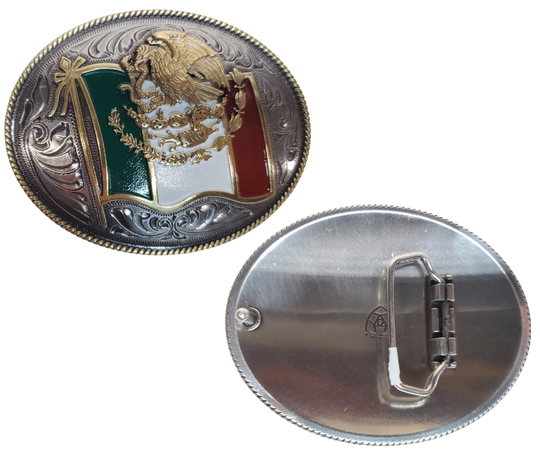 Ariat is a worldwide known brand. We are are pleased to offer some of the latest styles with the Mexican Flag on this buckle. Available for purchase in our online store or the retail shop in Smyrna, TN, just outside Nashville. Imported

Fit's up to 1 1/2" belts
Approx. 3" x 4"