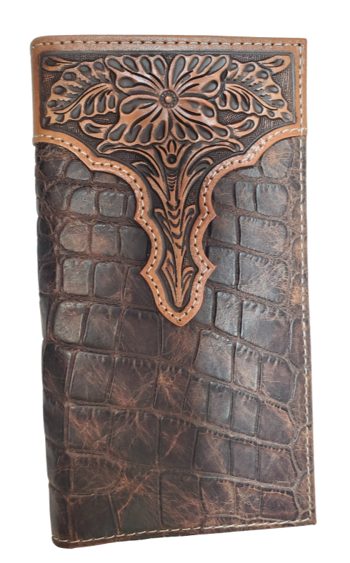 Ariat Rodeo/Roper style wallet
Crocodile embossed cowhide, Tooled Western Floral Accent on top.
11 credit card slots, clear driver's license slot
4 inside cash pockets, 1 on back (see pics)
Folded wallet measures 7" tall by 3" wide
Available at our Smyrna, TN shop just a short drive from World Famous Downtown.