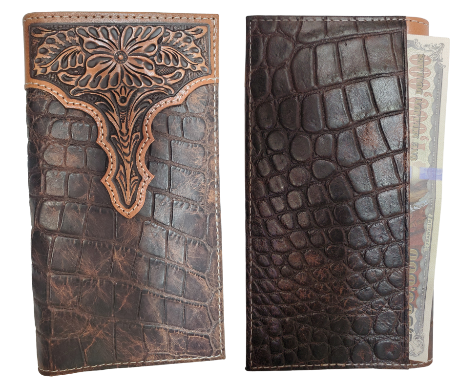 Ariat Rodeo/Roper style wallet
Crocodile embossed cowhide, Tooled Western Floral Accent on top.
11 credit card slots, clear driver's license slot
4 inside cash pockets, 1 on back (see pics)
Folded wallet measures 7" tall by 3" wide
Available at our Smyrna, TN shop just a short drive from World Famous Downtown.
