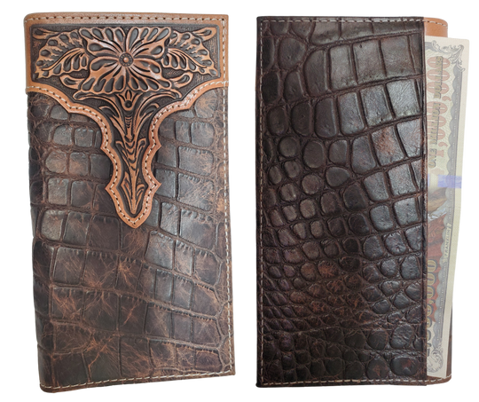 Ariat Rodeo/Roper style wallet
Crocodile embossed cowhide, Tooled Western Floral Accent on top.
11 credit card slots, clear driver's license slot
4 inside cash pockets, 1 on back (see pics)
Folded wallet measures 7" tall by 3" wide
Available at our Smyrna, TN shop just a short drive from World Famous Downtown.