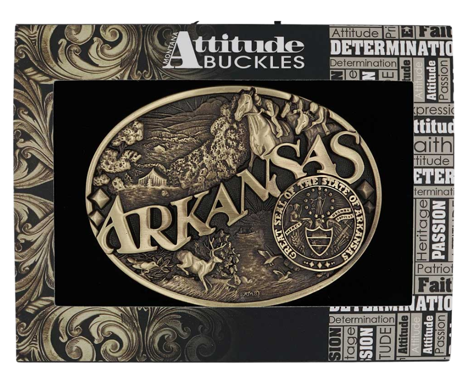 Large lettering spelling out Arkansas stretches boldly across, surrounded by a set of antiqued figures in celebration of Arkansas heritage including horse racing, wildlife, and the state seal. Our cast belt buckles are acid washed to add the dark antiqued patina and hand buffed to bring out the highlights and details. Standard 1.5 inch belt swivel.
Get yours at our local Smyrna ,TN shop.