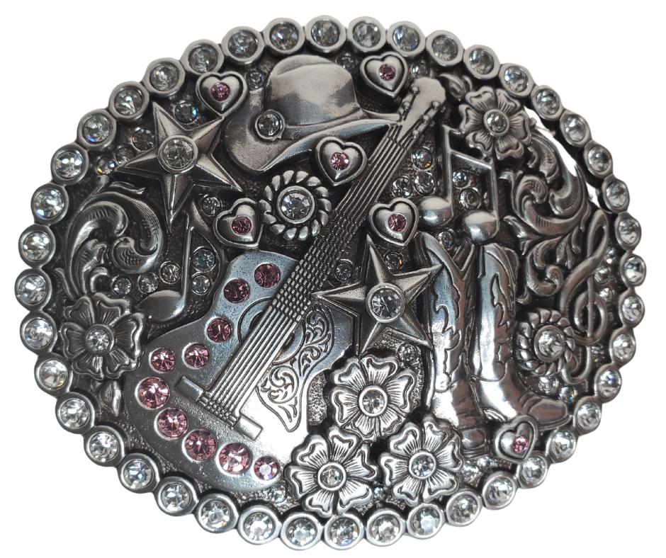 This show-stopping Nocona buckle is dripping with details - a guitar, boots, music notes, stars and glitzy rhinestones. With a antique silver color and engraved scroll design, it's a must-have addition to your western wardrobe. Measuring 3" tall and 3 3/4" wide, the buckle fits belts up to 1 1/2" wide. Pick up yours in our Smyrna, TN retail store (just outside Nashville) or shop for it online. Yee-haw! Imported.