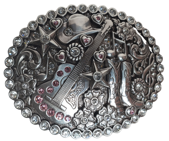 This show-stopping Nocona buckle is dripping with details - a guitar, boots, music notes, stars and glitzy rhinestones. With a antique silver color and engraved scroll design, it's a must-have addition to your western wardrobe. Measuring 3" tall and 3 3/4" wide, the buckle fits belts up to 1 1/2" wide. Pick up yours in our Smyrna, TN retail store (just outside Nashville) or shop for it online. Yee-haw! Imported.