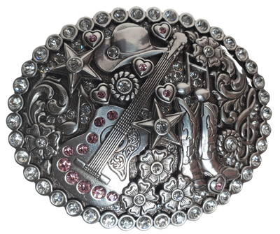 This show-stopping Nocona buckle is dripping with details - a guitar, boots, music notes, stars and glitzy rhinestones. With a antique silver color and engraved scroll design, it's a must-have addition to your western wardrobe. Measuring 3" tall and 3 3/4" wide, the buckle fits belts up to 1 1/2" wide. Pick up yours in our Smyrna, TN retail store (just outside Nashville) or shop for it online. Yee-haw! Imported.