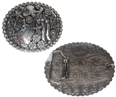 This show-stopping Nocona buckle is dripping with details - a guitar, boots, music notes, stars and glitzy rhinestones. With a antique silver color and engraved scroll design, it's a must-have addition to your western wardrobe. Measuring 3" tall and 3 3/4" wide, the buckle fits belts up to 1 1/2" wide. Pick up yours in our Smyrna, TN retail store (just outside Nashville) or shop for it online. Yee-haw! Imported.