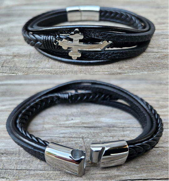 Braided Leather and strips combined with Stainless Steel cross makes for conversion starter about your faith. Classic magnetic clasp keeps it on your wrist while getting thru your day. Just arrived at our Smyrna, TN shop

Approx. 8.5"L