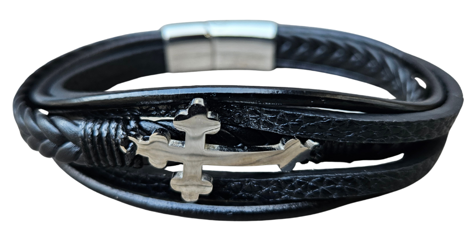 Braided Leather and strips combined with Stainless Steel cross makes for conversion starter about your faith. Classic magnetic clasp keeps it on your wrist while getting thru your day. Just arrived at our Smyrna, TN shop

Approx. 8.5"L