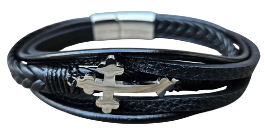 Braided Leather and strips combined with Stainless Steel cross makes for conversion starter about your faith. Classic magnetic clasp keeps it on your wrist while getting thru your day. Just arrived at our Smyrna, TN shop

Approx. 8.5"L