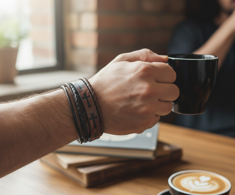 Multi leather strand bracelet with a easy connecting magnetic clasp. Wear everyday or just when your hanging out with friends getting coffee. The Cross is a symbol of deliverance that you can state your faith in a simple way. "We believe" too at our Smyrna, TN shop not far from Salvation By Grace church.

Approx. 8" Length
