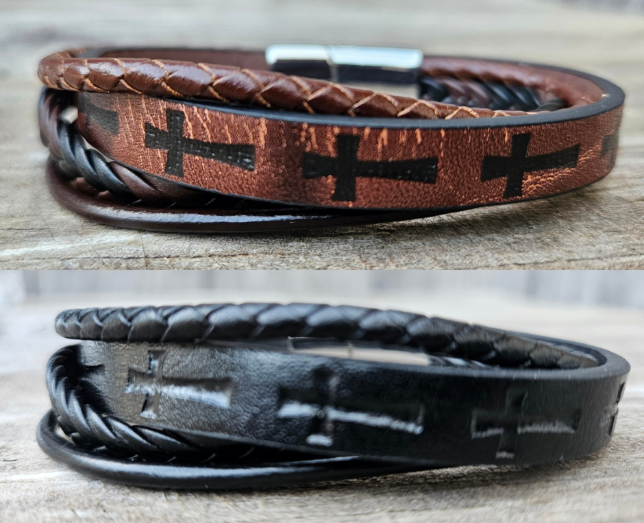 Multi leather strand bracelet with a easy connecting magnetic clasp. Wear everyday or just when your hanging out with friends getting coffee. The Cross is a symbol of deliverance that you can state your faith in a simple way. "We believe" too at our Smyrna, TN shop not far from Salvation By Grace church.

Approx. 8" Length
