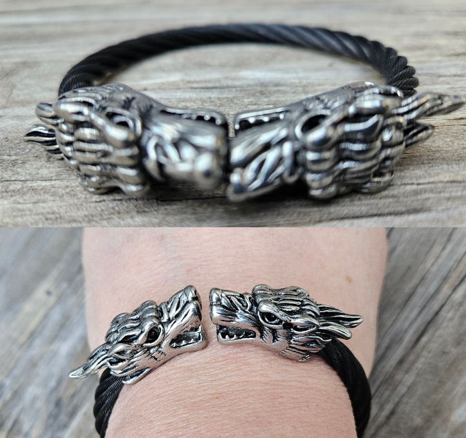 Stainless Steel Wolf head combined with a Black Steel Cable will get you noticed no matter where you are. Durable Stainless Steel last for years. Get yours now at our Smyrna, TN shop not far from Murfreesboro.

Approx. 8" with Wolf heads touching
Adjustable/Flexible cable