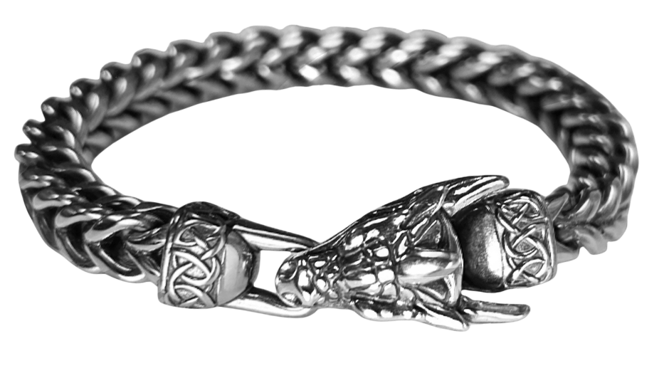Wear The Franco Dragon and get your Viking attitude happening! The bracelet has ornate Norse style braid that connects the Dragon head and loop together. Made in durable long lasting Stainless Steel for many years of use. In stock at our Smyrna, TN shop not far from wild downtown Nashville.

8.5"L X 5mm W Stainless Steel