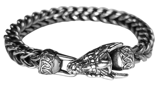 Wear The Franco Dragon and get your Viking attitude happening! The bracelet has ornate Norse style braid that connects the Dragon head and loop together. Made in durable long lasting Stainless Steel for many years of use. In stock at our Smyrna, TN shop not far from wild downtown Nashville.

8.5"L X 5mm W Stainless Steel