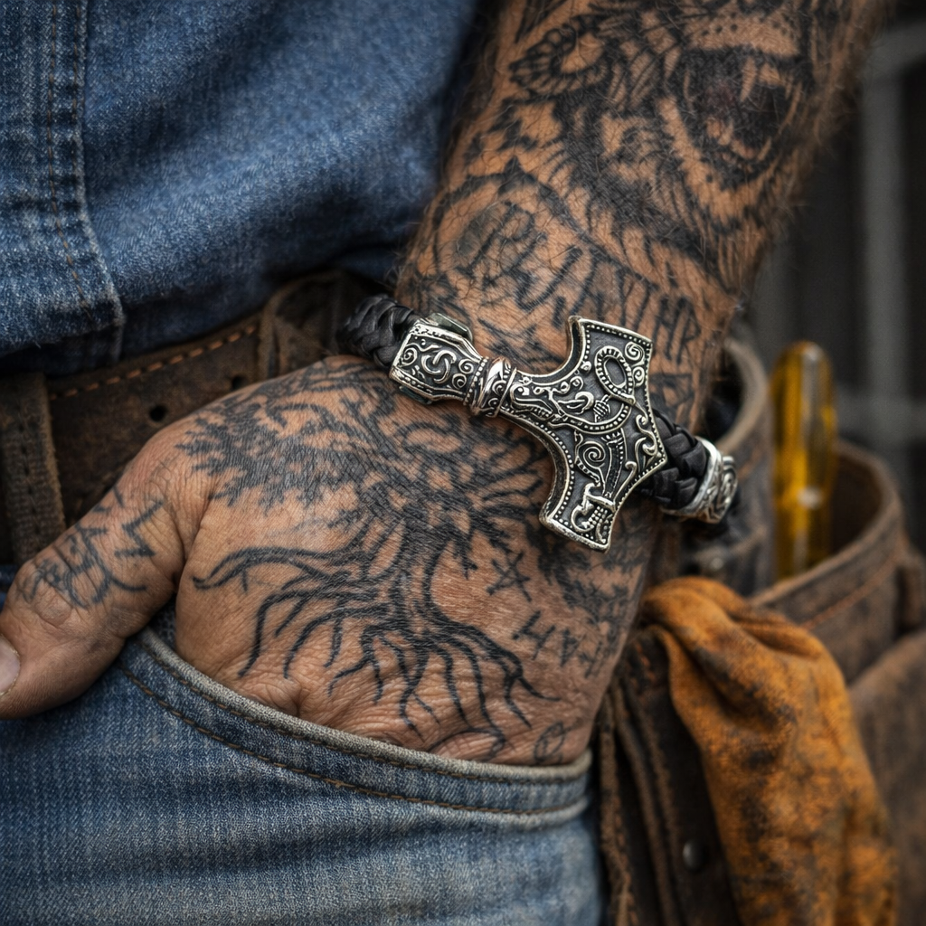 Norse style pattern on a Stainless Steel accents and a secure magnetic clip. Slightly oversized leather braided cord gives you nice fit. Now at our Smyrna, TN shop a short drive from Opry Mills Mall.
Approx. 8.5" L