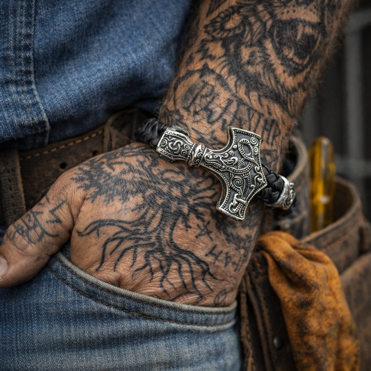 Norse style pattern on a Stainless Steel accents and a secure magnetic clip. Slightly oversized leather braided cord gives you nice fit. Now at our Smyrna, TN shop a short drive from Opry Mills Mall.
Approx. 8.5" L