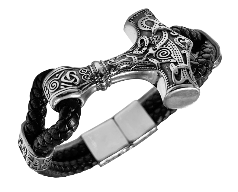 Norse style pattern on a Stainless Steel accents and a secure magnetic clip. Slightly oversized leather braided cord gives you nice fit. Now at our Smyrna, TN shop a short drive from Opry Mills Mall.
Approx. 8.5" L