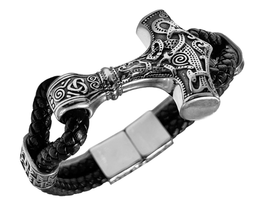 Norse style pattern on a Stainless Steel accents and a secure magnetic clip. Slightly oversized leather braided cord gives you nice fit. Now at our Smyrna, TN shop a short drive from Opry Mills Mall.
Approx. 8.5" L