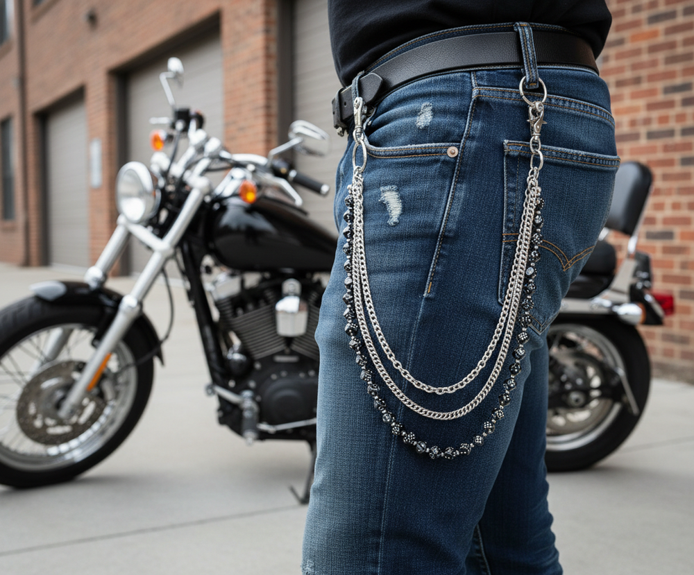 No risk when you Roll the Bones with this Stainless Wallet or Jean chain. Use to hold your wallet close or to your favorite juke joint. Steel makes for a Rugged yet classic look. The Stainless Steel chain creates a edgy Rocker Biker look. Get yours at our Smyrna, TN store not far from Boswells in Nashville.

Approx. 24"Length