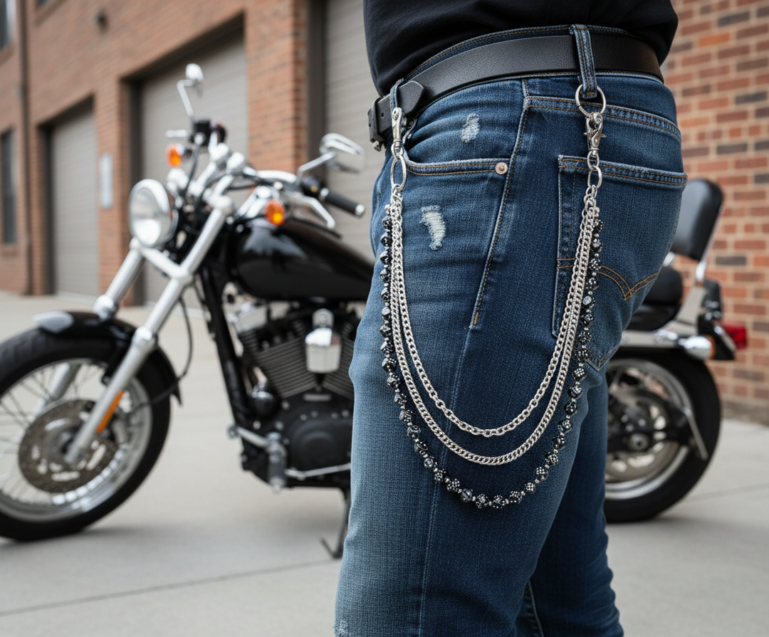 No risk when you Roll the Bones with this Stainless Wallet or Jean chain. Use to hold your wallet close or to your favorite juke joint. Steel makes for a Rugged yet classic look. The Stainless Steel chain creates a edgy Rocker Biker look. Get yours at our Smyrna, TN store not far from Boswells in Nashville.

Approx. 24"Length