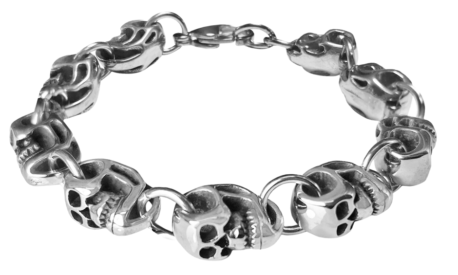 You get 9 Skulls with this Stainless Steel Skull bracelet. Connects with a lobster claw style clasp and fit's the average wrist. Wear it with your goth buddies out clubbing or riding your motorcycle down the backroads. Get all of your Stainless steel jewelry at our Smyrna, TN shop not far from the Gulch downtown.

Approx. 7 3/4" L