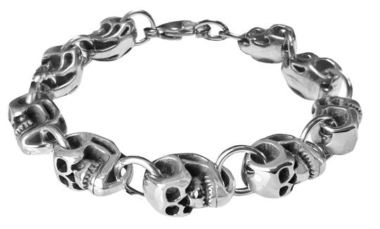 You get 9 Skulls with this Stainless Steel Skull bracelet. Connects with a lobster claw style clasp and fit&
