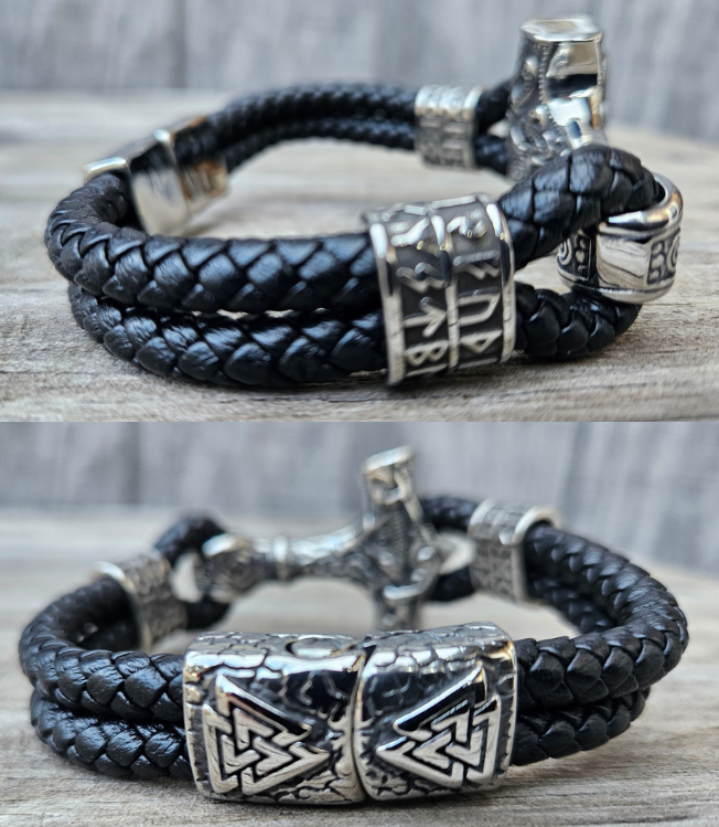 Norse style pattern on a Stainless Steel accents and a secure magnetic clip. Slightly oversized leather braided cord gives you nice fit. Now at our Smyrna, TN shop a short drive from Opry Mills Mall.
Approx. 8.5" L
