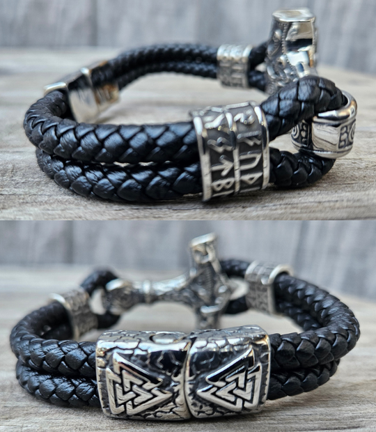 Norse style pattern on a Stainless Steel accents and a secure magnetic clip. Slightly oversized leather braided cord gives you nice fit. Now at our Smyrna, TN shop a short drive from Opry Mills Mall.
Approx. 8.5" L