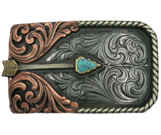 The Westwind Arrow belt buckle is made from German Silver(nickel and brass alloy)or iron metal base. These buckles have motifs made of copper, iron or brass and some are adorned with synthetic stones. In order to give you the quality and long lasting product. Available at our Smyrna, TN shop just outside of Nashville.