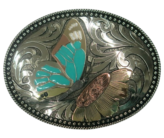 The Monarch belt buckle is made from German Silver(nickel and brass alloy)or iron metal base. These buckles have motifs made of copper, iron or brass and some are adorned with synthetic stones. In order to give you the quality and long lasting final product. Available at our Smyrna, TN shop just outside of Nashville.