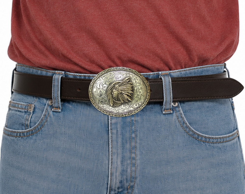 The Native Spirit is an oval buckle bordered with a continuous line of linked 52 pattern in brass. The background is an engraved western floral in silver. The center is graced with a brass Indian chief over a dream catcher. All creating an image that captures the Native Spirit. Available in our Smyrna, TN shop, a short distance from Nashville.

Dimensions: Width 4.5”, Height 3.5”
Standard 1.5” Swivel
