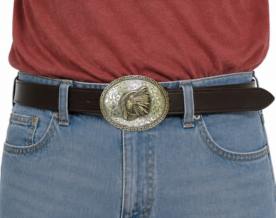 The Native Spirit is an oval buckle bordered with a continuous line of linked 52 pattern in brass. The background is an engraved western floral in silver. The center is graced with a brass Indian chief over a dream catcher. All creating an image that captures the Native Spirit. Available in our Smyrna, TN shop, a short distance from Nashville.

Dimensions: Width 4.5”, Height 3.5”
Standard 1.5” Swivel