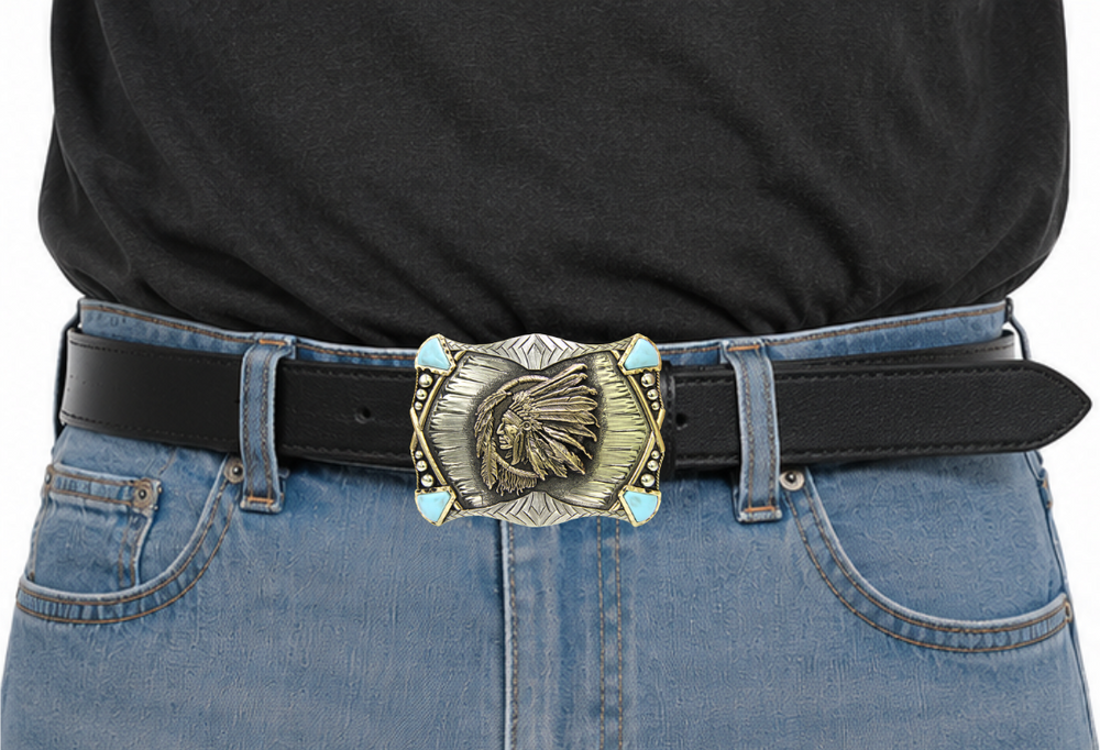 The Indian Chief buckle has a rectangle shape southwest design a centered by a feathered head dressed Chief framed by synthetic stones on each corner. This buckle is made from German Silver (nickel and brass alloy) or iron metal base. Some buckles have motifs made of copper, iron or brass and some are adorned with synthetic stones. Buckle size is Width Width 4” Height 3” and is available in our Smyrna, TN shop.