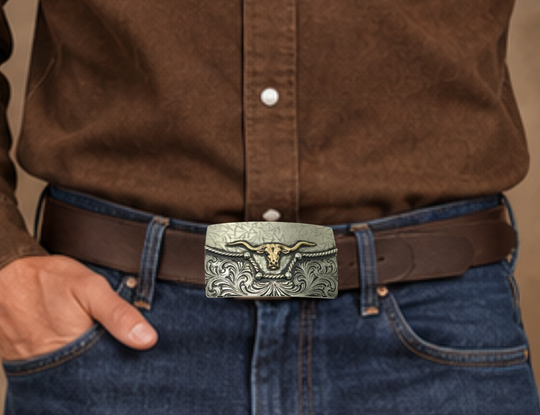 The River Horn impresses with an idea of a longhorn cattle neck deep in a river. In German Silver, the lower half of buckle is engraved in swirls forced from the center. It is separated from the lightly patterned top half with a rope dipping in the center to reveal the brass colored head of a Longhorn cattle. Available in our Smyrna, TN shop, a short distance from Nashville.