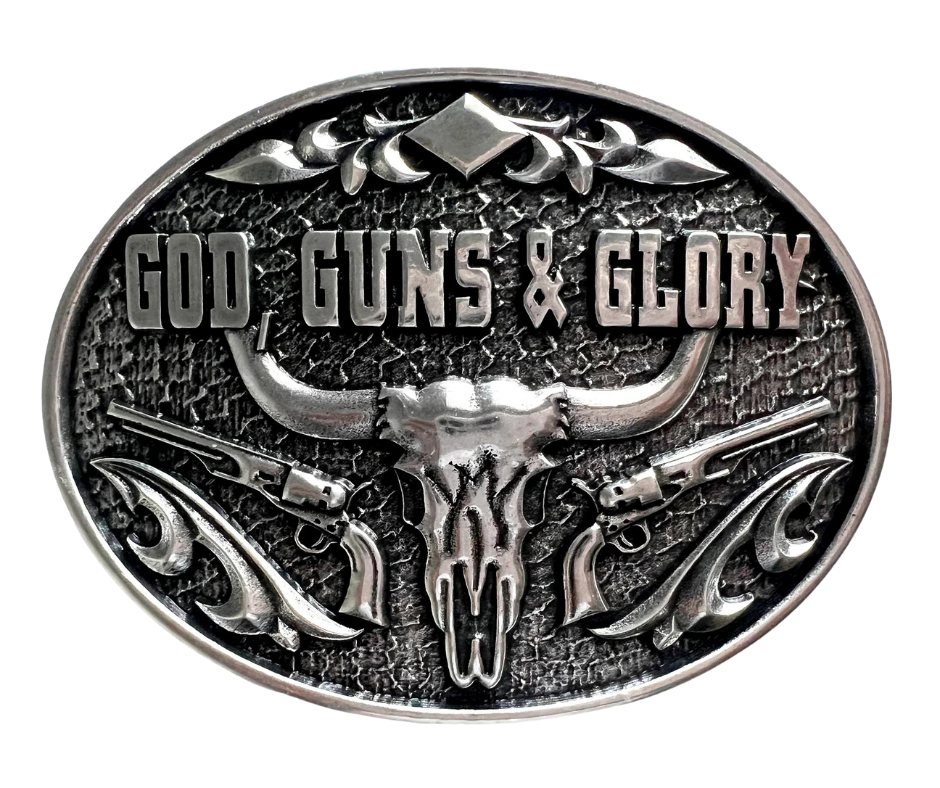 God, Gun's and Glory built the American dream. Show your patriotism with a Belt Buckle that says that very attitude. Get yours at our Smyrna, TN store close to Nashville.&nbsp;

Steer skull and rifle design
Antique silver
2 7/8" H x 3 7/8" W
Solid border
Oval
Fits belts up to 1 3/4" wide