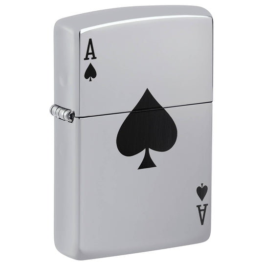 This High Polish Chrome windproof lighter has the Ace of Spades color imaged on it. All metal construction; windproof design works virtually anywhere. Refillable for a lifetime of use. Comes packaged in a gift box. Available in our Smyrna, TN shop.

Made in USA
Fuel: Zippo lighter fuel (sold separately)
Lighter Specs: Height: 2.25" Width: 0.5" Depth: 1.5" Weight: 2.0 oz
Lifetime guarantee that "it works or we fix it free™" Zippo contact info on gift box.
