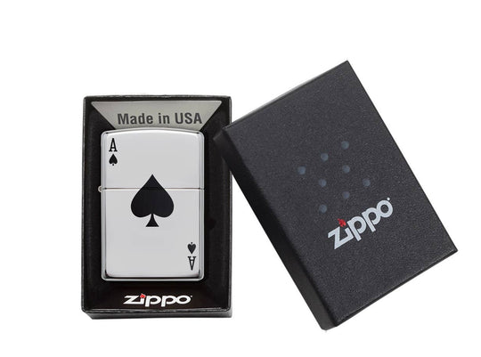 This High Polish Chrome windproof lighter has the Ace of Spades color imaged on it. All metal construction; windproof design works virtually anywhere. Refillable for a lifetime of use. Comes packaged in a gift box. Available in our Smyrna, TN shop.

Made in USA
Fuel: Zippo lighter fuel (sold separately)
Lighter Specs: Height: 2.25" Width: 0.5" Depth: 1.5" Weight: 2.0 oz
Lifetime guarantee that "it works or we fix it free™" Zippo contact info on gift box.