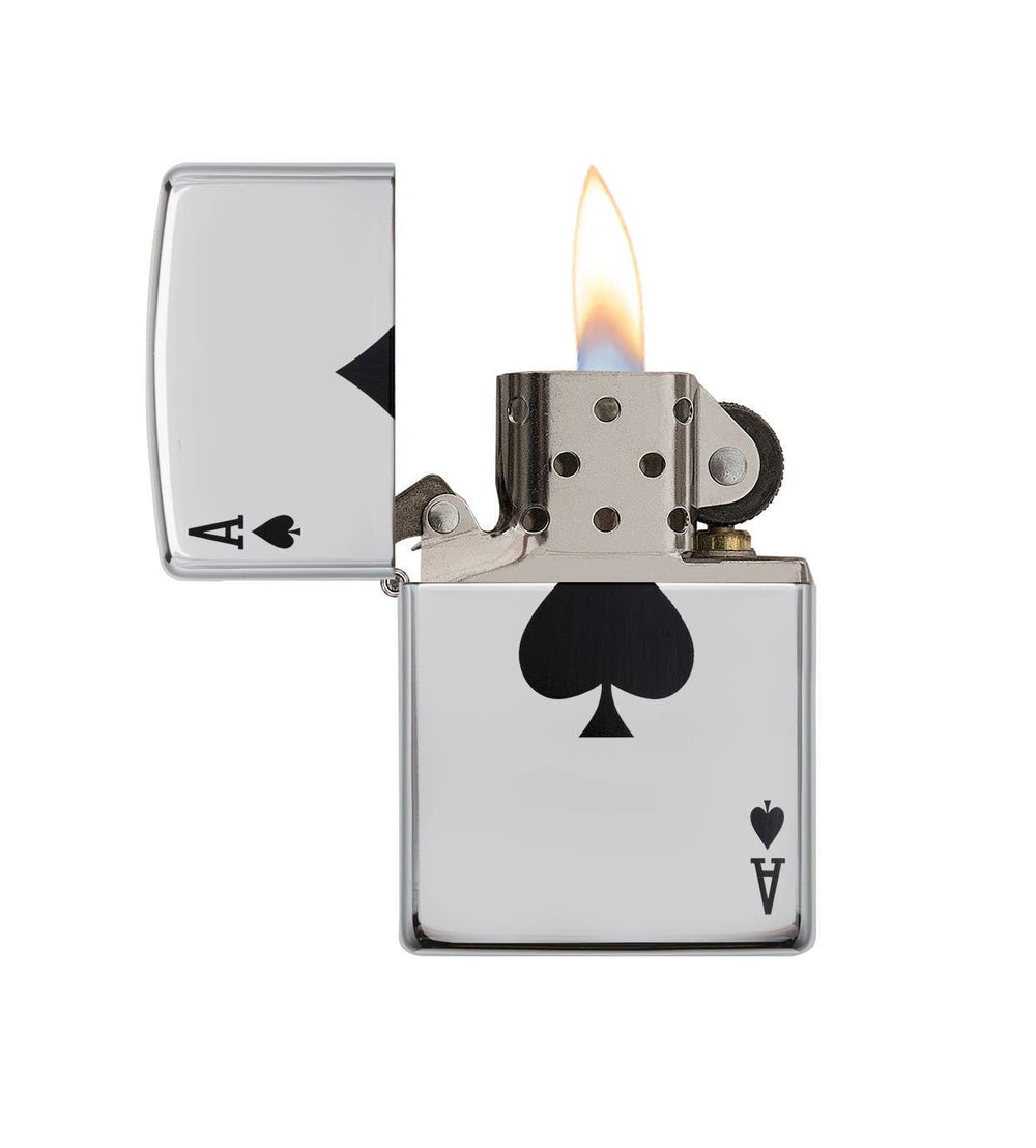 This High Polish Chrome windproof lighter has the Ace of Spades color imaged on it. All metal construction; windproof design works virtually anywhere. Refillable for a lifetime of use. Comes packaged in a gift box. Available in our Smyrna, TN shop.

Made in USA
Fuel: Zippo lighter fuel (sold separately)
Lighter Specs: Height: 2.25" Width: 0.5" Depth: 1.5" Weight: 2.0 oz
Lifetime guarantee that "it works or we fix it free™" Zippo contact info on gift box.