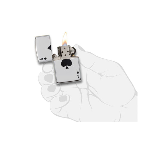 This High Polish Chrome windproof lighter has the Ace of Spades color imaged on it. All metal construction; windproof design works virtually anywhere. Refillable for a lifetime of use. Comes packaged in a gift box. Available in our Smyrna, TN shop.

Made in USA
Fuel: Zippo lighter fuel (sold separately)
Lighter Specs: Height: 2.25" Width: 0.5" Depth: 1.5" Weight: 2.0 oz
Lifetime guarantee that "it works or we fix it free™" Zippo contact info on gift box.