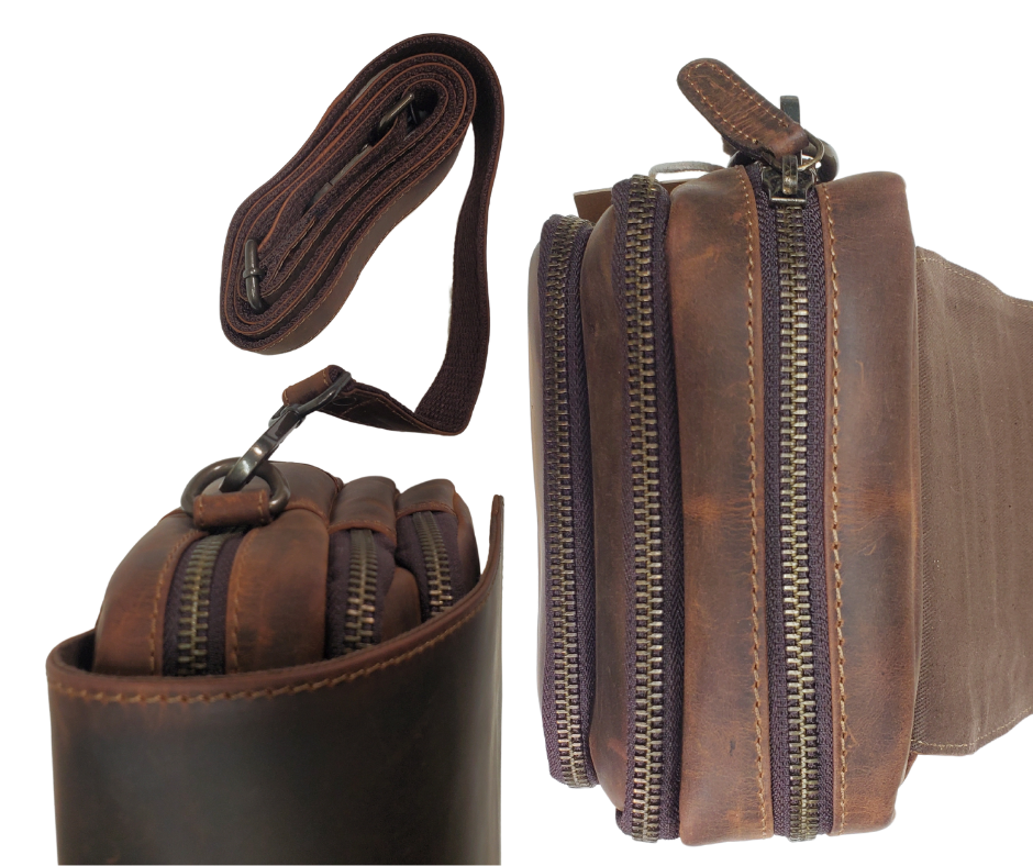 The Pamala Crossbody has 3 zippered compartments and a detachable strap. The small pocket is open, the middle section has 2 pen slots, 1 small pocket, the large pocket has 1 extra zippered pocket. The Flap is secured with a magnetic clasp. It also may slipped on a belt. Currently in stock at our Smyrna, TN shop a rideshare away from Murfreesboro.