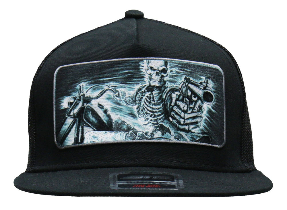 Front view - Assassin Rider Patch flat bill Snap Back Hat. Its a cotton/polyester blend helps the hat hold its shape for long time use. Otto Brand mesh style back hat with a plastic adjustable tab. Ride to our Smyrna, TN shop not far from Murfreesboro.