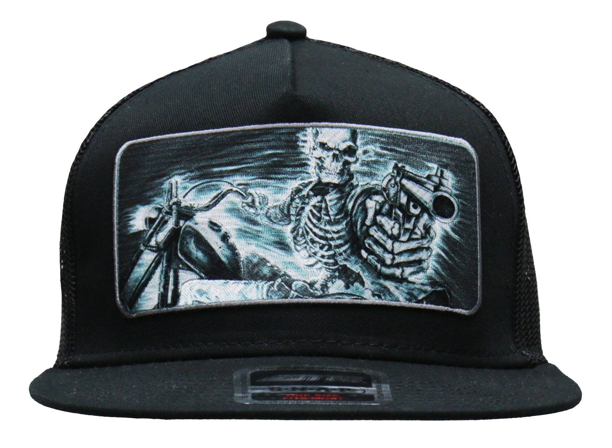 Front view - Assassin Rider Patch flat bill Snap Back Hat. Its a cotton/polyester blend helps the hat hold its shape for long time use. Otto Brand mesh style back hat with a plastic adjustable tab. Ride to our Smyrna, TN shop not far from Murfreesboro.