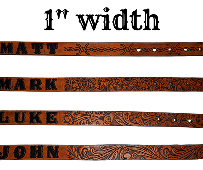 Our Baby NAME leather belts are just like the belts for dad or mom. Full grain American vegetable tanned cowhide approx. 1/8"thick. Width is 1" and includes Nickel plated or Antique Brass colored buckle. We Hand Finish and burnish these just like our adult belts. Made in our Smyrna, TN, USA shop. A SINGLE snap makes a easy buckle change if desired. Choose with or without name, if without name, design will cover entire length of belt. Made in our Smyrna, TN shop outside of Nashville.