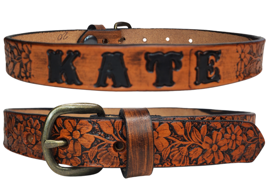Our Baby NAME leather belts are just like the belts for dad or mom. Full grain American vegetable tanned cowhide approx. 1/8"thick. Width is 1" and includes Nickel plated or Antique Brass colored buckle. We Hand Finish and burnish these just like our adult belts. Made in our Smyrna, TN, USA shop. A SINGLE snap makes a easy buckle change if desired. Choose with or without name, if without name, design will cover entire length of belt. Made in our Smyrna, TN shop outside of Nashville
