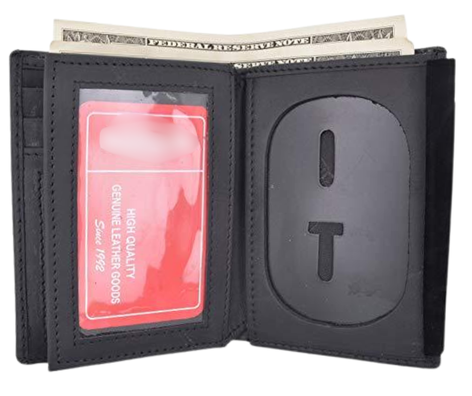 Black Leather Bifold Badge protector Bifold. I.D. Badge pocket and 2 cash pockets, drivers license Slot, 7 card Slots, 2 underside pockets and Fits most CDCR styles badges in a recessed badge shape. Imported, Great Value. In stock at our Smyrna, TN shop not far from Nashville.