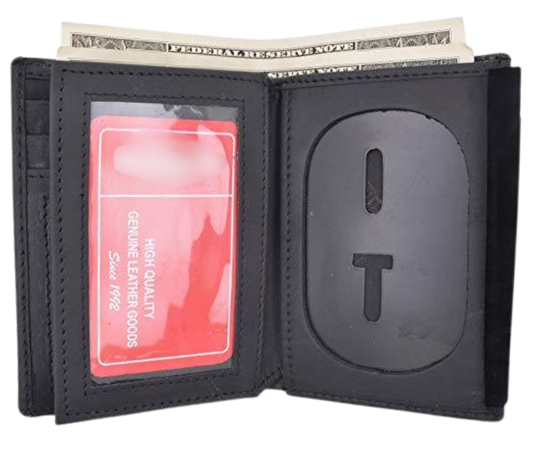 Black Leather Bifold Badge protector Bifold. I.D. Badge pocket and 2 cash pockets, drivers license Slot, 7 card Slots, 2 underside pockets and Fits most CDCR styles badges in a recessed badge shape. Imported, Great Value. In stock at our Smyrna, TN shop not far from Nashville.