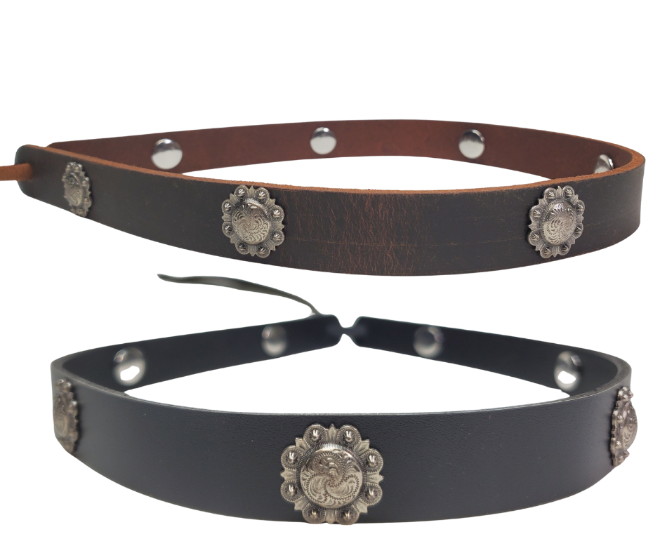 Our Badlands leather hatband with 7 Berry style conchos is 3/4" wide by 23" (without tie string). Available in black or brown, pick one or a few. Fit's most any hat with adjustable bead and leather 1/8" string. Will fit most TOP HAT style and WESTERN crowned hats. Made in our Smyrna Tn. shop.