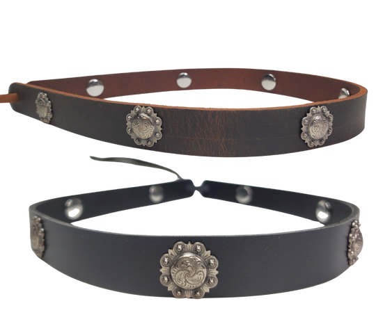 Our Badlands leather hatband with 7 Berry style conchos is 3/4" wide by 23" (without tie string). Available in black or brown, pick one or a few. Fit's most any hat with adjustable bead and leather 1/8" string. Will fit most TOP HAT style and WESTERN crowned hats. Made in our Smyrna Tn. shop.
