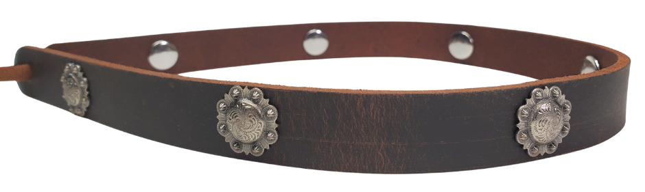Distressed Brown. Our Badlands leather hatband with 7 Berry style conchos is 3/4" wide by 23" (without tie string). Available in black or brown, pick one or a few. Fit's most any hat with adjustable bead and leather 1/8" string. Will fit most TOP HAT style and WESTERN crowned hats. Made in our Smyrna Tn. shop.