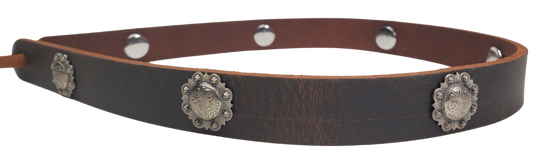 Distressed Brown. Our Badlands leather hatband with 7 Berry style conchos is 3/4" wide by 23" (without tie string). Available in black or brown, pick one or a few. Fit's most any hat with adjustable bead and leather 1/8" string. Will fit most TOP HAT style and WESTERN crowned hats. Made in our Smyrna Tn. shop.