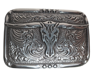 This rectangle buckle by Nocona adds a little southwestern flair with a Longhorn in the center. It stands out with its antique silver color and classic scroll design. Measuring 2" tall, 3" wide and fitting belts up to 1 1/2", this little beauty's available in our Smyrna, TN shop (just outside Nashville) and online! Imported.